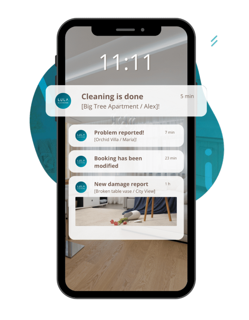 notifications in app, email, sms, instatn notifications about damages, problems, new cleaning tasks and others