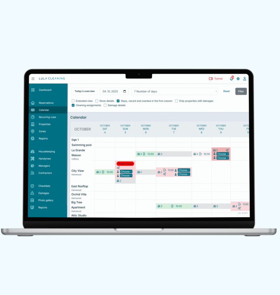 Lula.Cleaning es una aplicación de gestión de limpieza con funciones avanzadas de calendario y gestión de reservas diseñada para anfitriones de alquileres a corto plazo, administradores de propiedades y empresas de limpieza. Si buscas un software de programación de limpiezas o una aplicación de gestión de limpieza para Airbnb con visibilidad de reservas en tiempo real, Lula mantiene todo sincronizado. La sincronización constante de los calendarios de reservas de diferentes sistemas garantiza que tus horarios de limpieza estén siempre alineados con las reservas de plataformas como Airbnb y Booking.com. La vista día a día de todas las reservas con filtros te ofrece una visión clara de las entradas, salidas y estancias en curso en todas las propiedades. Con el filtrado de reservas (vistas de reservas personalizadas) y una vista de calendario flexible, este software de gestión de limpieza te permite organizar y gestionar las operaciones según tu flujo de trabajo. Planifica limpiezas fácilmente, asigna tareas y adáptate a los cambios sin perder ninguna reserva. Es ideal para usuarios que buscan software de limpieza para alquileres vacacionales, herramientas de calendario para gestión de propiedades o software para empresas de limpieza con funciones de programación. Lula.Cleaning simplifica la gestión de reservas y garantiza que tus operaciones de limpieza se desarrollen de forma fluida y eficiente.